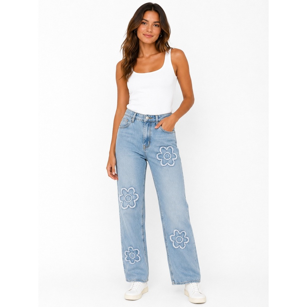 Cali 1850 women's Wide Leg Flower Distressed Jeans Light Wash 3/26 Boho Denim